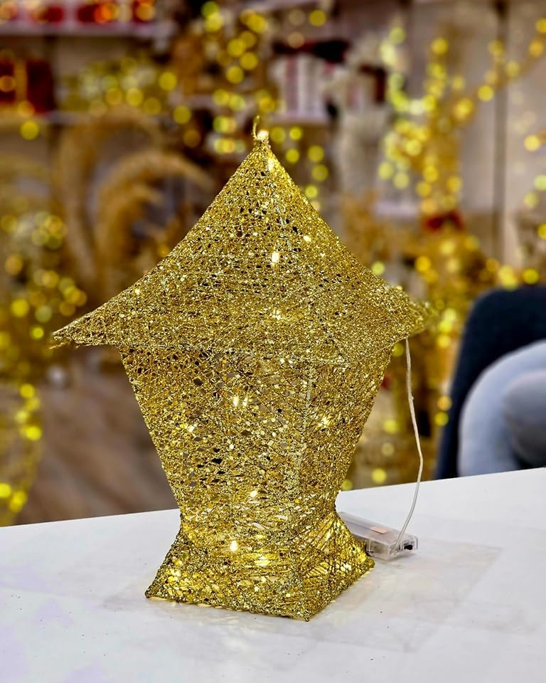 فانوس رمضان ذهبي ثلاثي الأبعاد من موونسي مزود بإضاءة ليد - مصباح ديكوري للمنزل والمناسبات