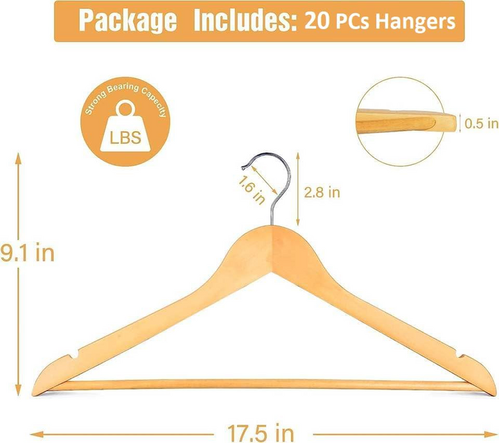 Wooden Clothes Hangers Set of 30 PCs – Non-Slip, 360° Swivel Hooks (Wooden)