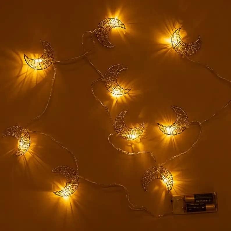 سلسلة مصابيح هلال رمضان، 10 مصابيح LED تعمل بالبطارية، مناسبة للديكور الاحتفالي (أبيض دافئ)