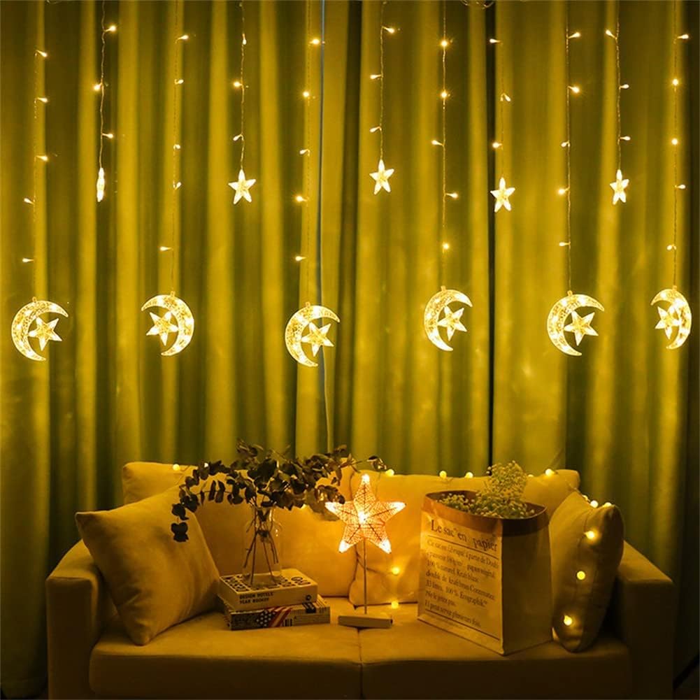 سلسلة أضواء ستارة القمر والنجوم من MOONCEE، 138 مصباح LED، تعمل بمنفذ USB للديكور (أبيض دافئ)