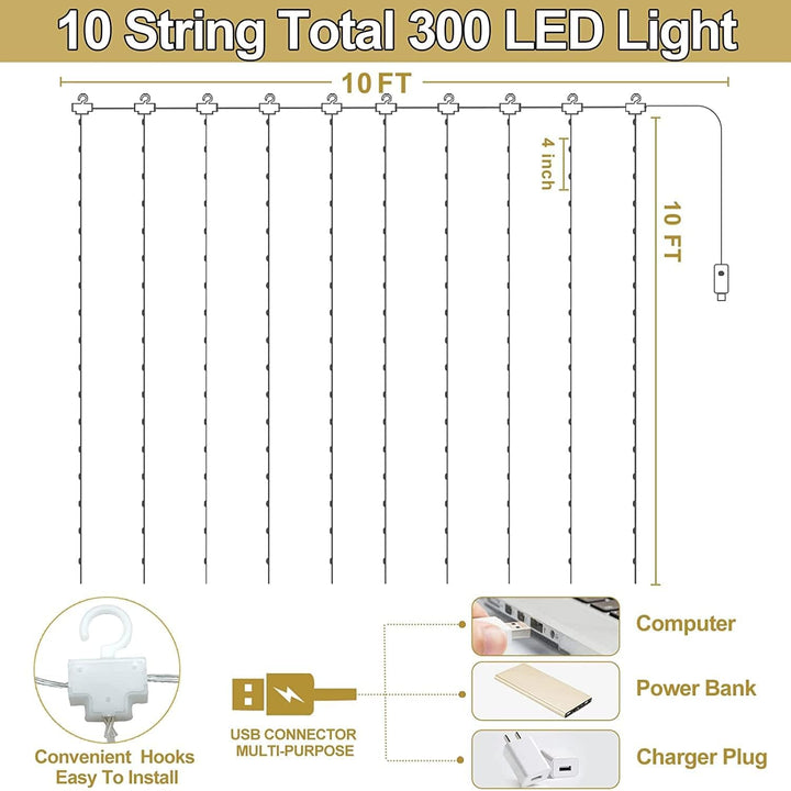 سلسلة أضواء خرافية LED مكونة من 300 مصباح مع USB وجهاز تحكم عن بعد، LED أبيض دافئ للديكور المنزلي