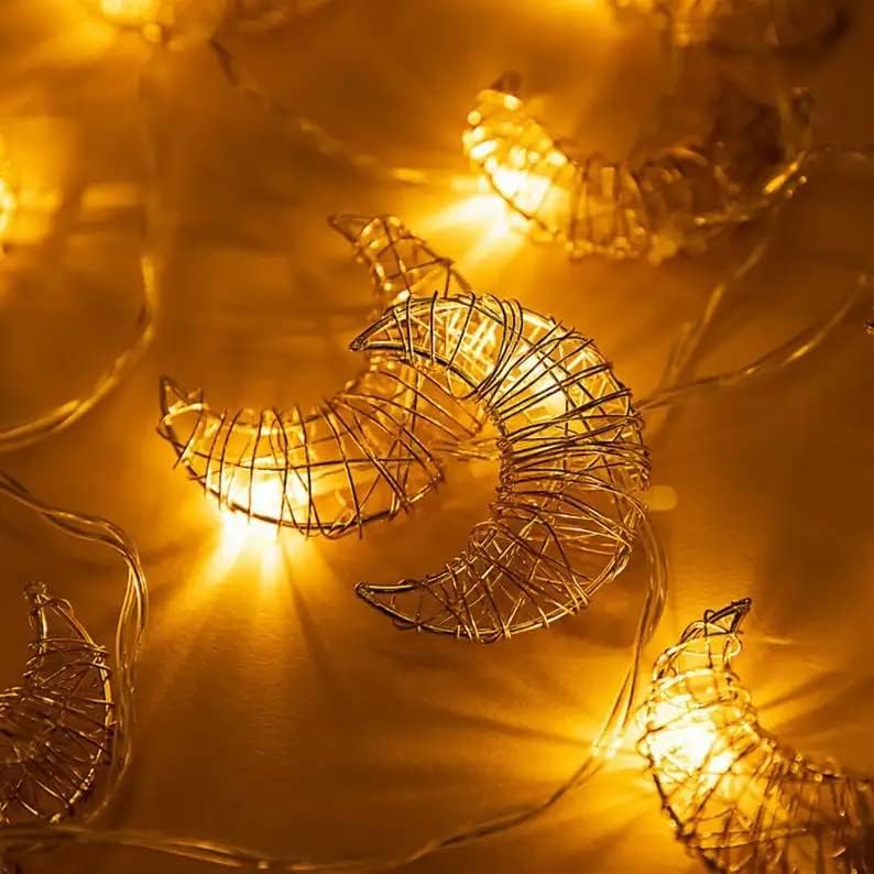 سلسلة مصابيح هلال رمضان، 10 مصابيح LED تعمل بالبطارية، مناسبة للديكور الاحتفالي (أبيض دافئ)