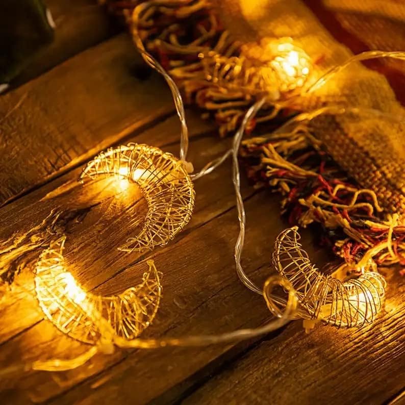 سلسلة مصابيح هلال رمضان، 10 مصابيح LED تعمل بالبطارية، مناسبة للديكور الاحتفالي (أبيض دافئ)