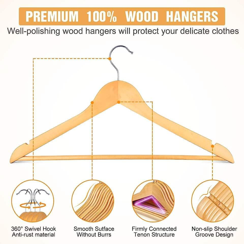 Wooden Clothes Hangers Set of 30 PCs – Non-Slip, 360° Swivel Hooks (Wooden)