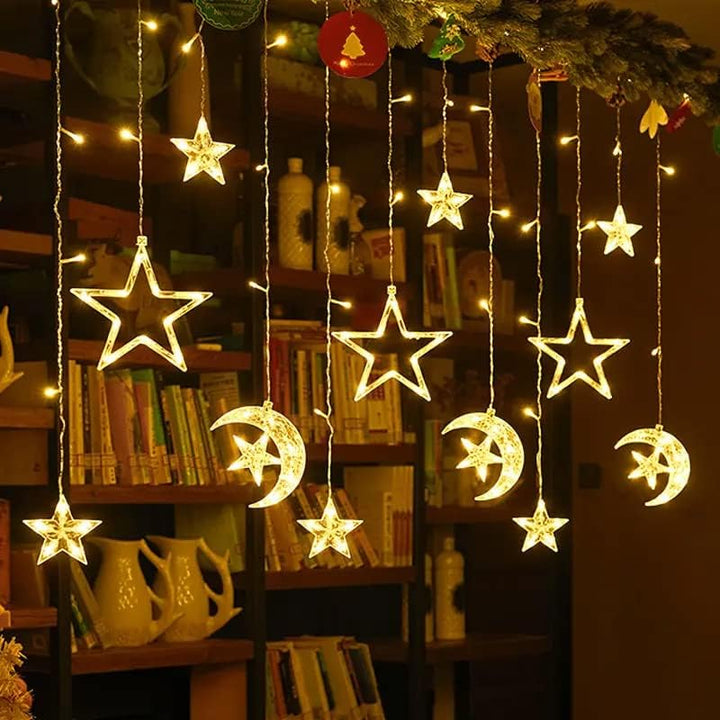 سلسلة أضواء ستارة القمر والنجوم من MOONCEE، 138 مصباح LED، تعمل بمنفذ USB للديكور (أبيض دافئ)