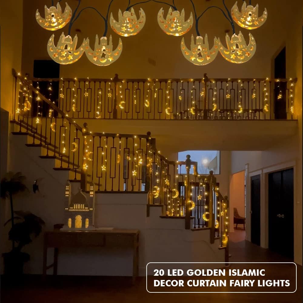 سلسلة مصابيح LED على شكل قمر ونجمة، تعمل بالبطارية، مناسبة لديكور رمضان (إضاءة ذهبية دافئة)