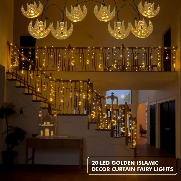 سلسلة مصابيح LED على شكل قمر ونجمة، تعمل بالبطارية، مناسبة لديكور رمضان (إضاءة ذهبية دافئة)