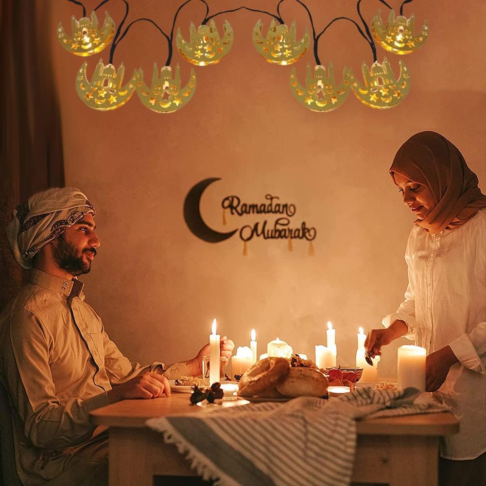 سلسلة مصابيح LED على شكل قمر ونجمة، تعمل بالبطارية، مناسبة لديكور رمضان (إضاءة ذهبية دافئة)