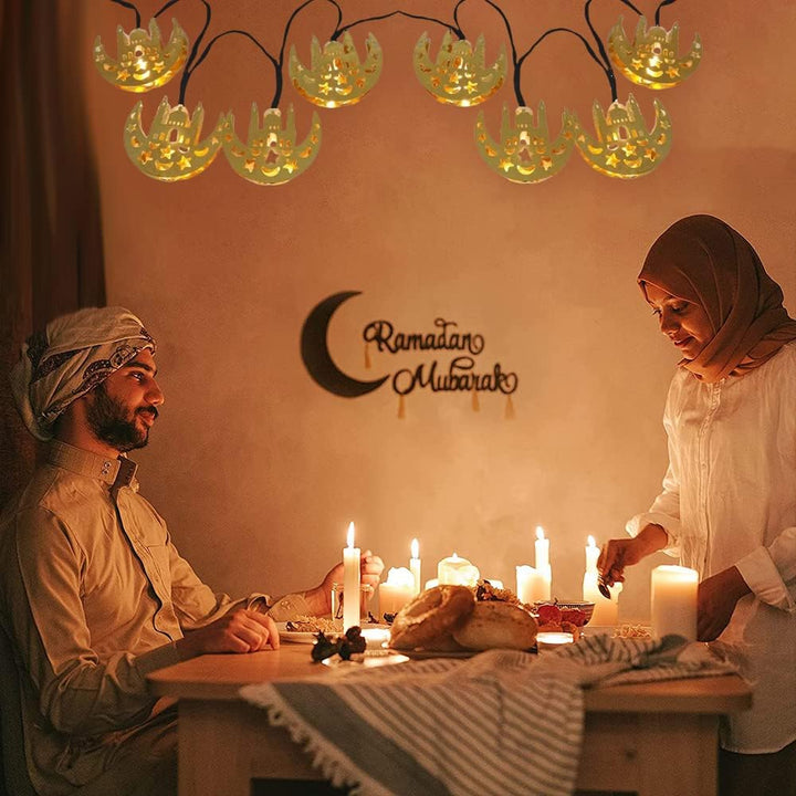 سلسلة مصابيح LED على شكل قمر ونجمة، تعمل بالبطارية، مناسبة لديكور رمضان (إضاءة ذهبية دافئة)