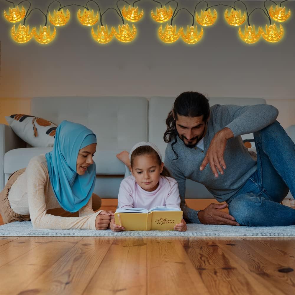 سلسلة مصابيح LED على شكل قمر ونجمة، تعمل بالبطارية، مناسبة لديكور رمضان (إضاءة ذهبية دافئة)