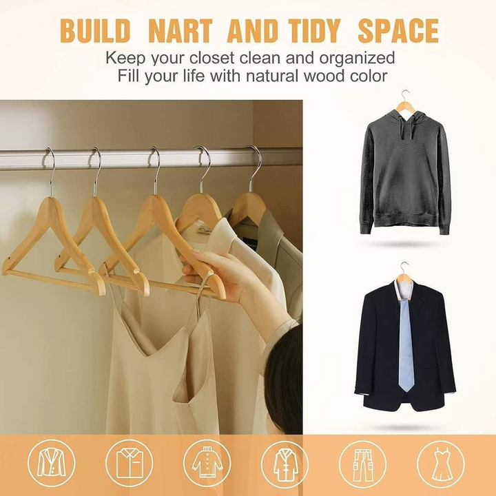 Wooden Clothes Hangers Set of 30 PCs – Non-Slip, 360° Swivel Hooks (Wooden)