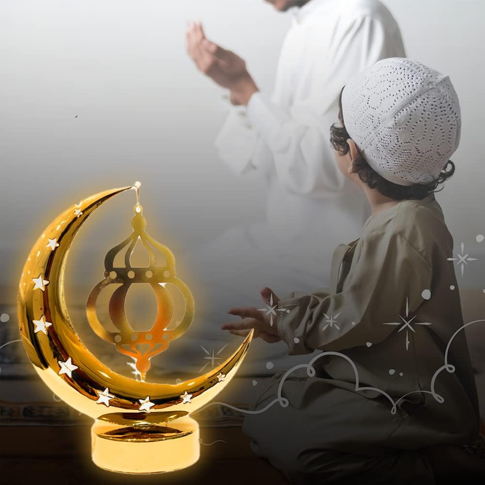 مصباح هلال ذهبي من موونسي مع فانوس معلق - إضاءة زخرفية لشهر رمضان وعيد الفطر
