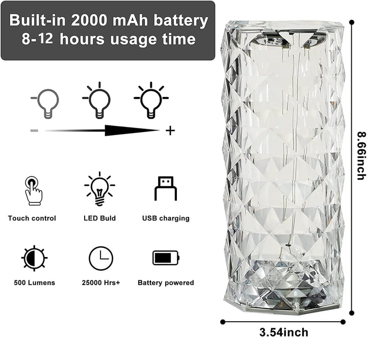 مصباح طاولة MOONCEE Crystal Lamp قابل لإعادة الشحن يعمل باللمس، 3 أوضاع ألوان مع منفذ USB-C