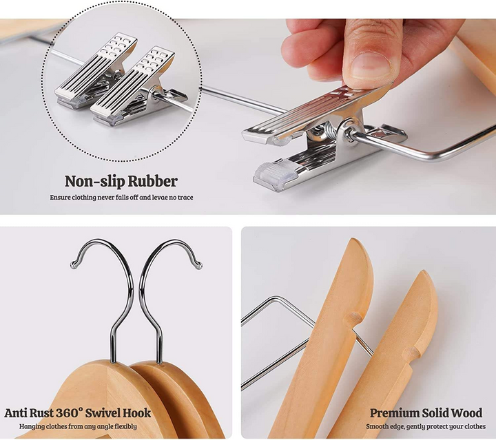 MOONCEE 10 Pcs High-Grade Clips Wooden Hangers With 360° Swivel Hook