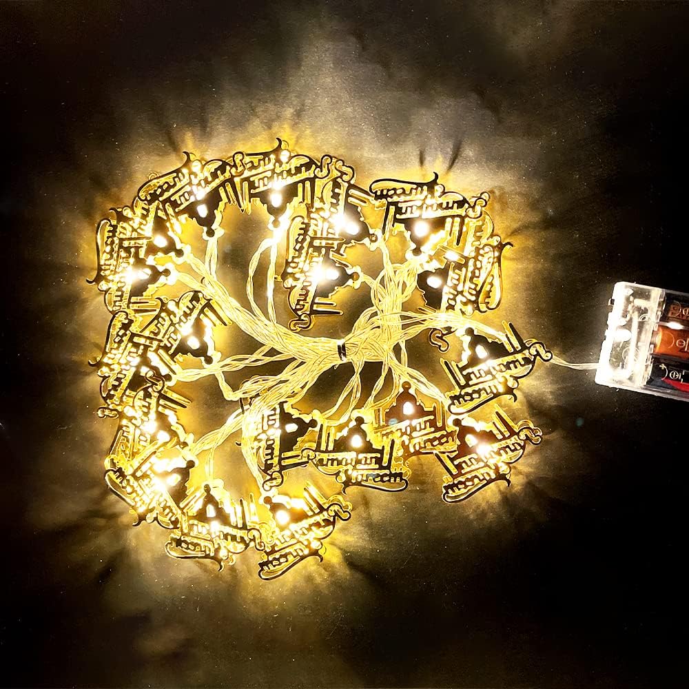 سلسلة أضواء رمضان ٢٠ ليد، تعمل بالبطارية، للديكور الاحتفالي (إضاءة ليد ذهبية)