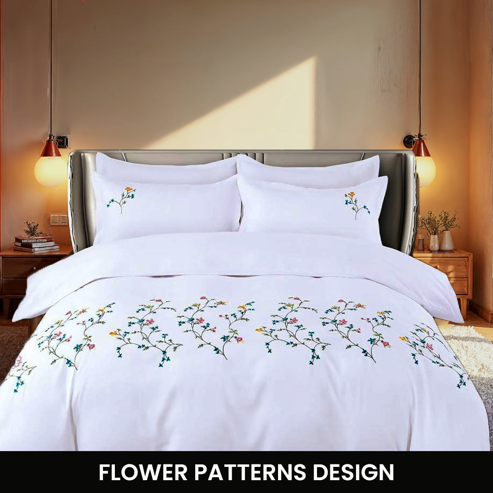 Embroidered 6 PCs Cotton  Bed Sheets Set with Fitted Sheet Duvet Cover 220x240  (6ES8)