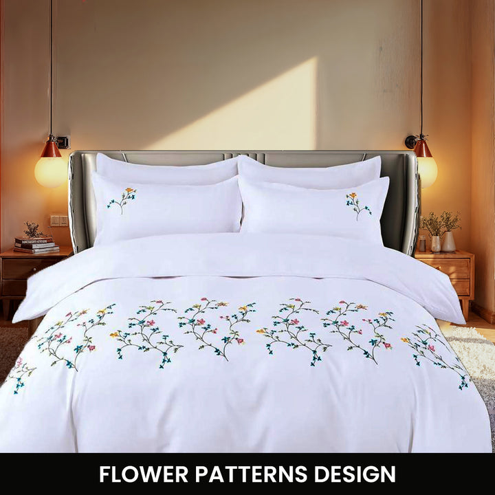 Embroidered 6 PCs Cotton  Bed Sheets Set with Fitted Sheet Duvet Cover 220x240  (6ES8)