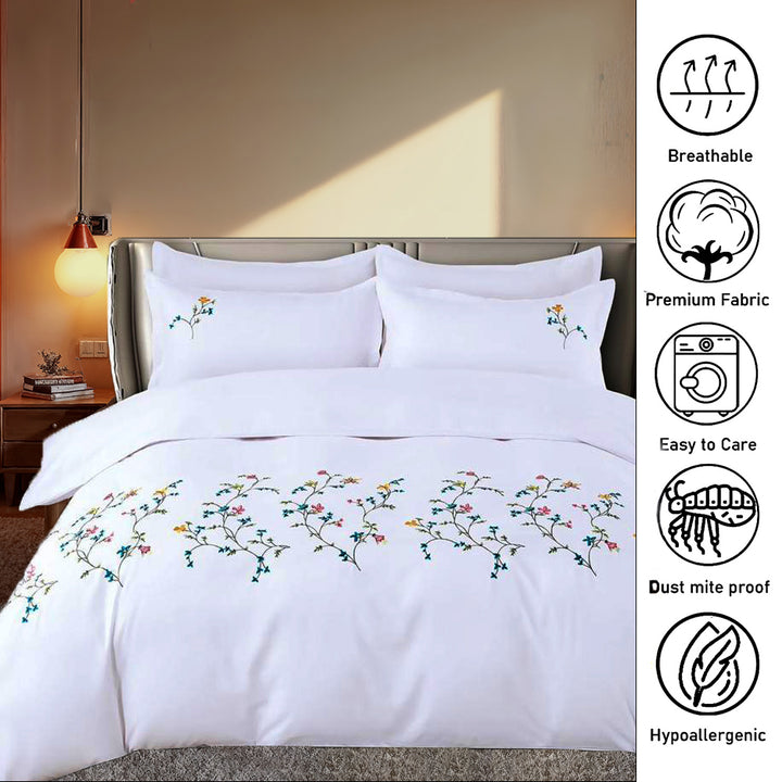 Embroidered 6 PCs Cotton  Bed Sheets Set with Fitted Sheet Duvet Cover 220x240  (6ES8)