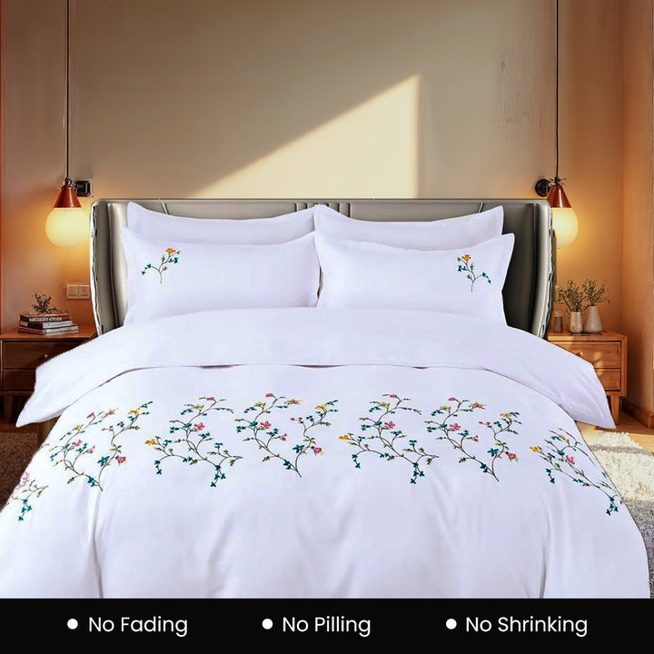 Embroidered 6 PCs Cotton  Bed Sheets Set with Fitted Sheet Duvet Cover 220x240  (6ES8)