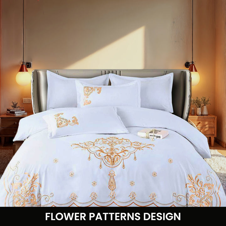 Embroidered 6 PCs King Fitted Bed Sheet, Duvet Cover 220x240 With 4 Pillow Covers (6ES1)