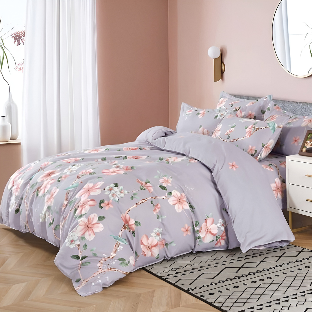 King Size Floral Bed Sheet Set 6 PCs with Flat Sheet, Duvet Cover & Pillow Covers (MNC26)