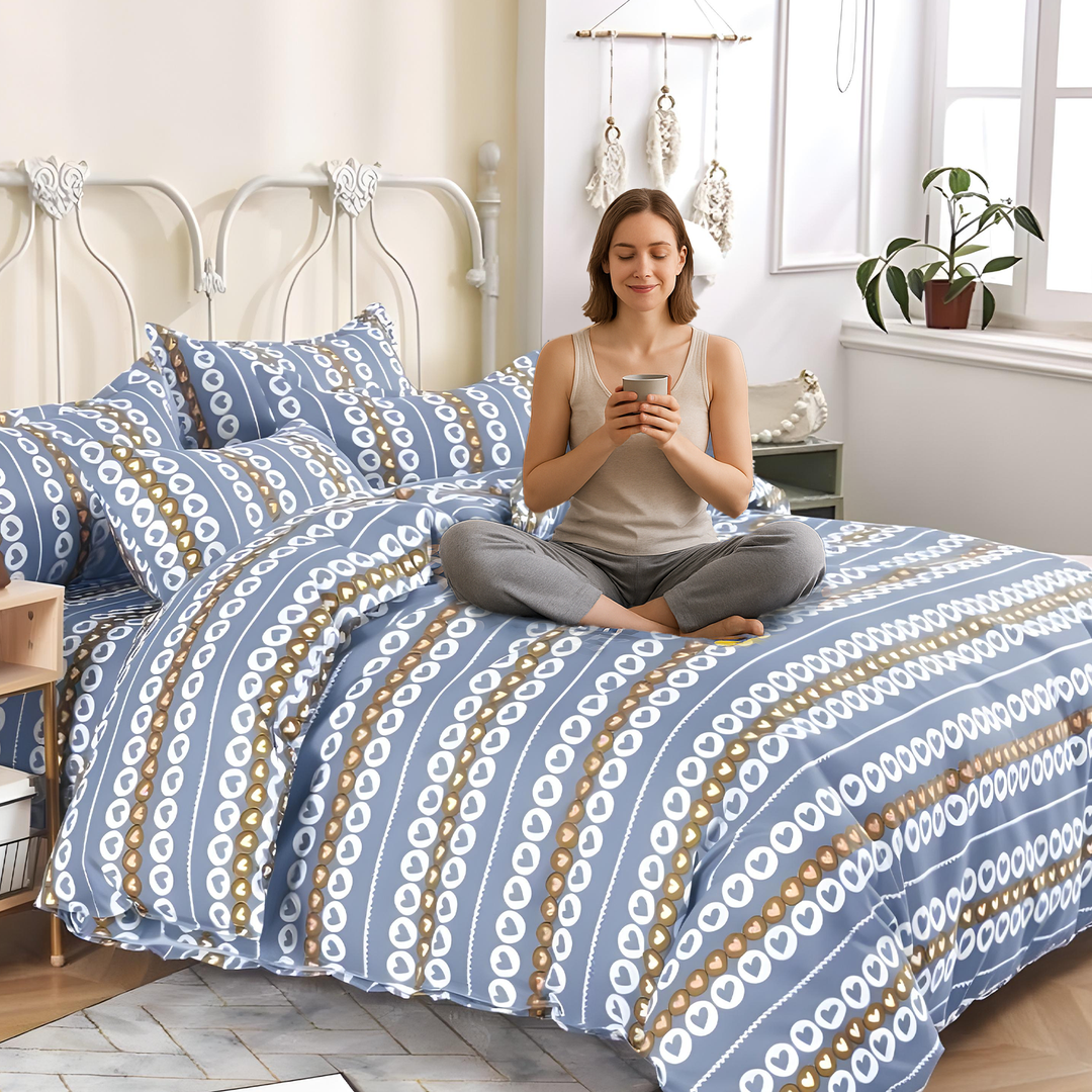 King Size 6 Pcs Cotton  Bed Sheet Set – Duvet Cover, Fitted Sheet & Pillow Covers (MNC28)
