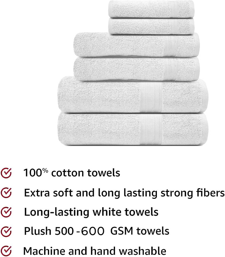 6 PCs Premium Towel Set, 2 Bath Towels, 2 Hand Towels , 2 Washcloths & Shower Towel