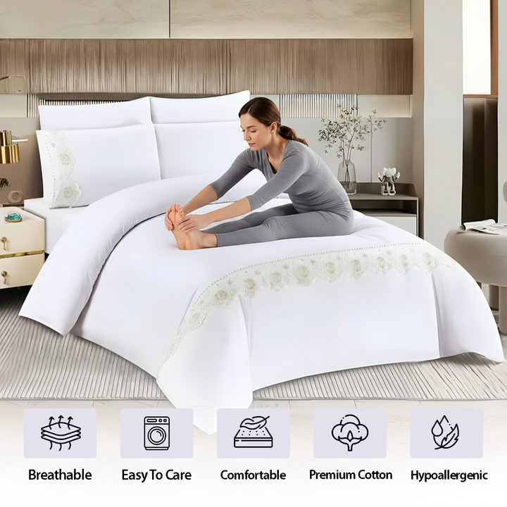 Luxurious King Size Embroidered Bedding Set 6 PCs for Elegant Bedroom Styling (White)