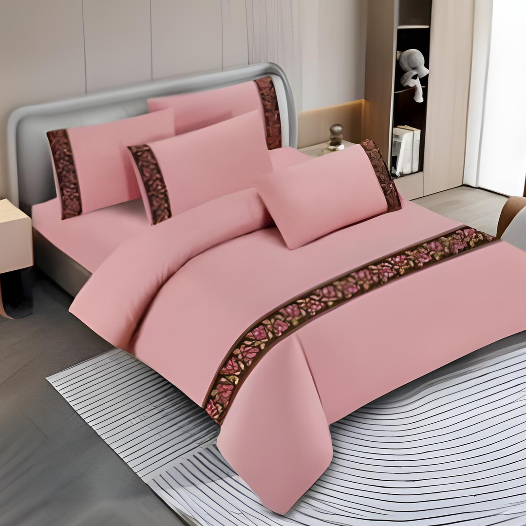 Cotton Fitted Sheet – King Size Bed Set 6 PCs with Border Design & Pillowcases (Pink)