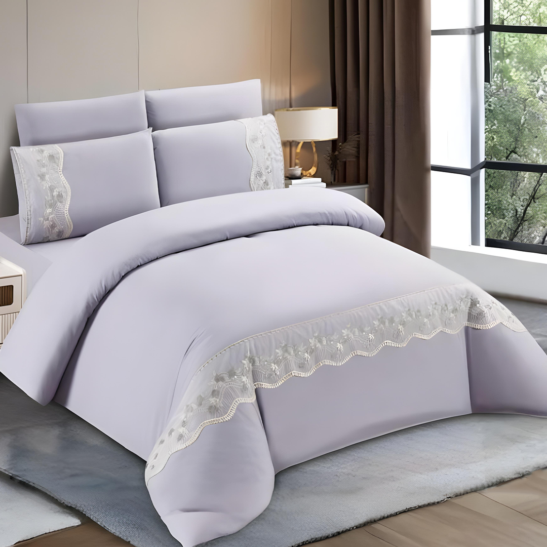 Elegant Bedding Set - King Size 6 PCs Duvet Cover & Pillowcases with Pattern Border(Purple)