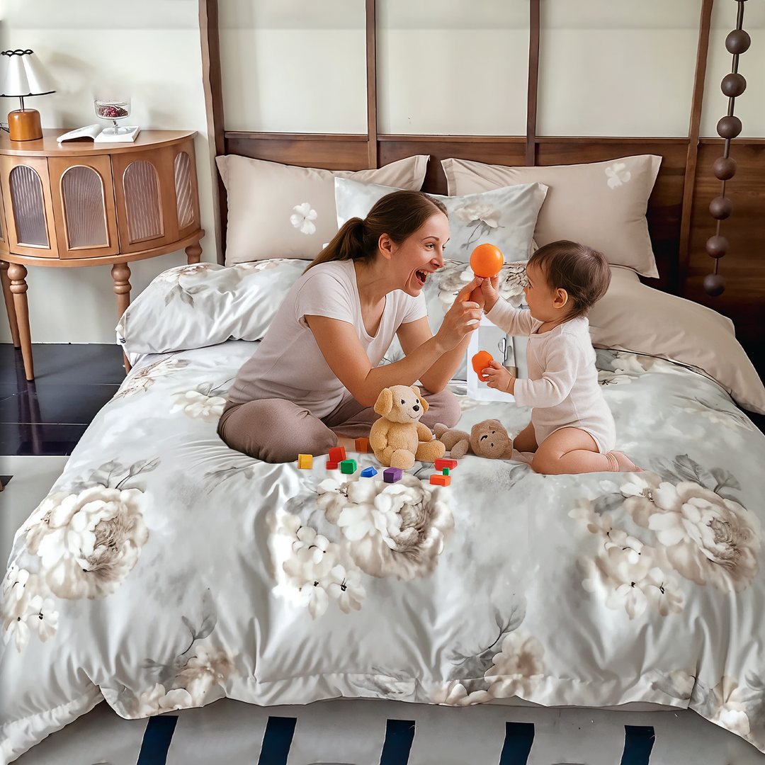King Size Floral Bedding Set 6 PCs with Duvet Cover & Deep Pocket Fitted Sheet (6FS108)