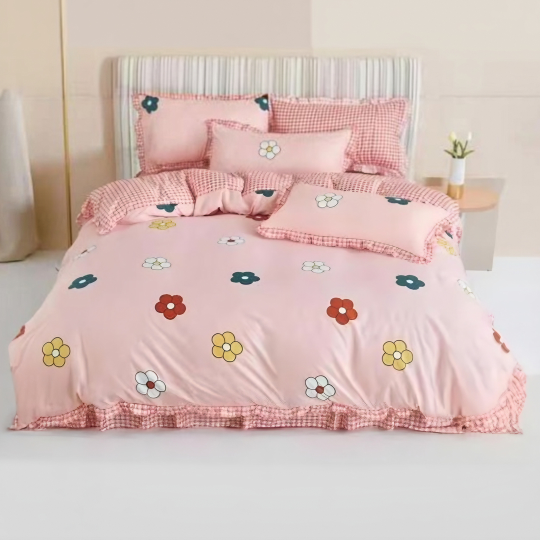 Pink Floral Checkered 6 PCs Bedding Set – Soft Cotton Fitted with Pillow Covers (6TQ05)