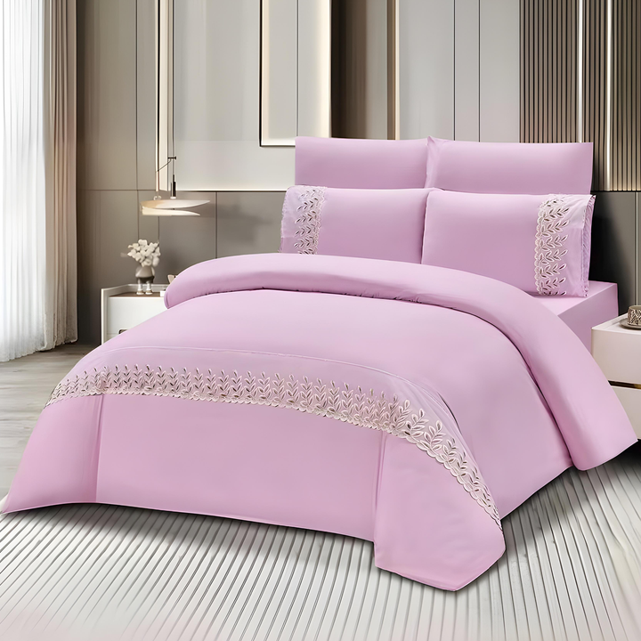 King Size Cotton Bedding Set – 6 PCs with Fitted Sheet, Duvet & Pillowcases (Lavender Pink)