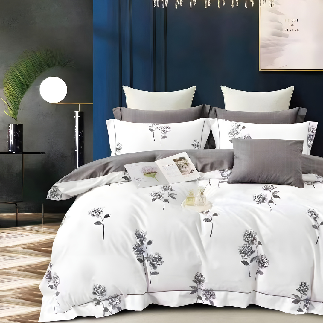 King Size Floral Bedding Set 6 PCs with Fitted Sheet, Duvet Cover & 4 Pillowcases (6FS87)