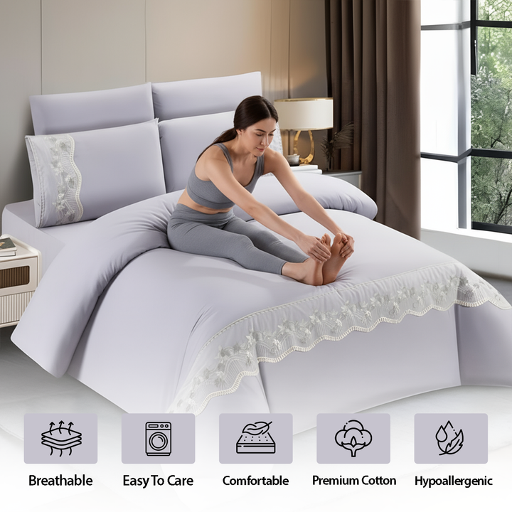 Elegant Bedding Set - King Size 6 PCs Duvet Cover & Pillowcases with Pattern Border(Purple)