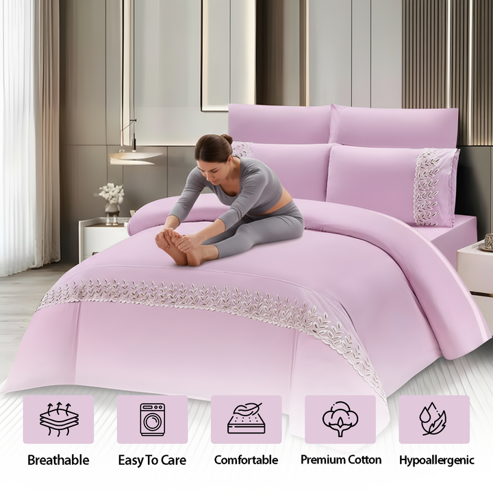 King Size Cotton Bedding Set – 6 PCs with Fitted Sheet, Duvet & Pillowcases (Lavender Pink)