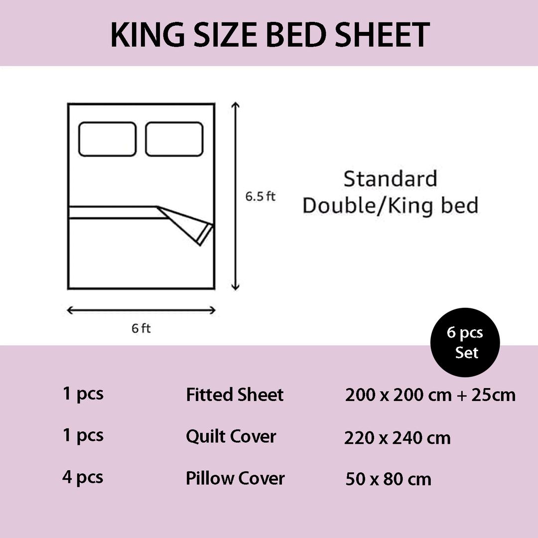 King Size Cotton Bedding Set – 6 PCs with Fitted Sheet, Duvet & Pillowcases (Lavender Pink)