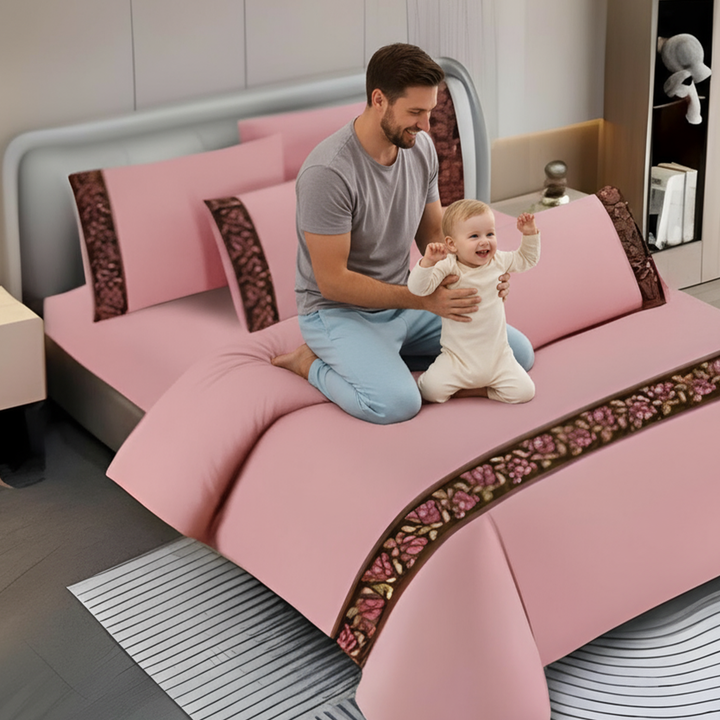 Cotton Fitted Sheet – King Size Bed Set 6 PCs with Border Design & Pillowcases (Pink)