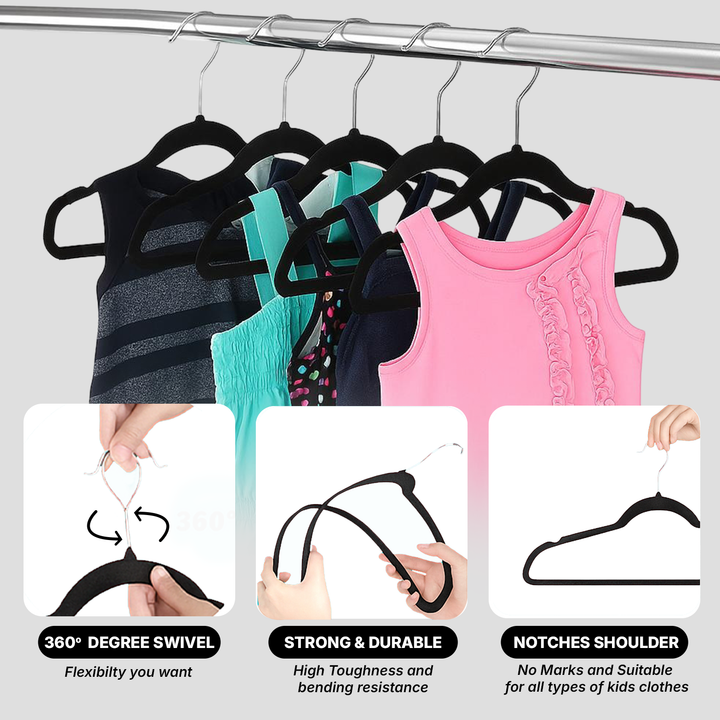 Premium Kids Velvet Hangers- Non-Slip, Ultra-Thin Clothes Hangers with 360° Swivel Hook