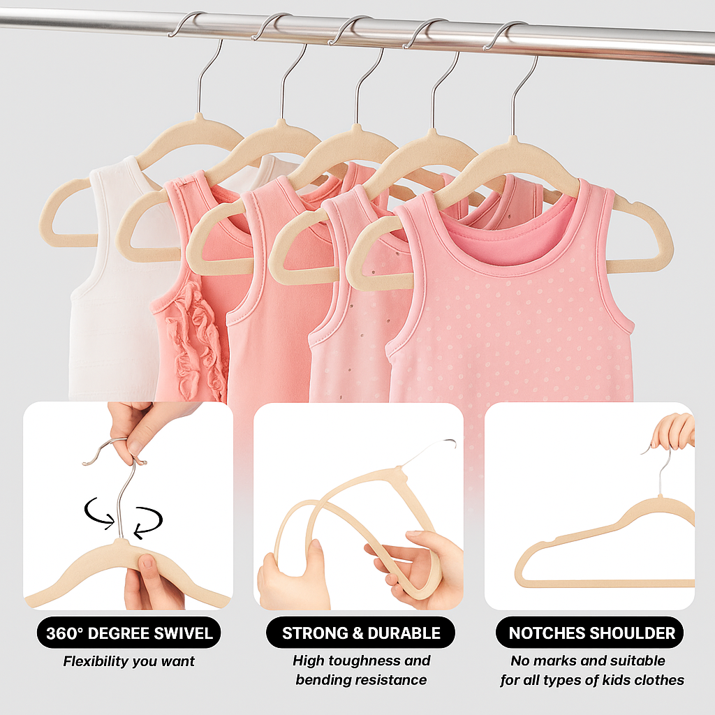 Premium Kids Velvet Hangers- Non-Slip, Ultra-Thin Clothes Hangers with 360° Swivel Hook