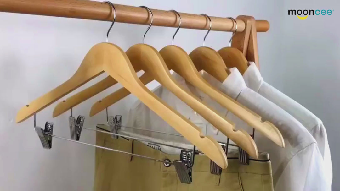 MOONCEE 10 Pcs High-Grade Clips Wooden Hangers With 360° Swivel Hook