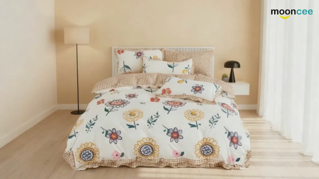 Floral Printed Cotton Bedsheet Set 6 PCs with Sunflower  Design - Cheerful Style (6TQ03)
