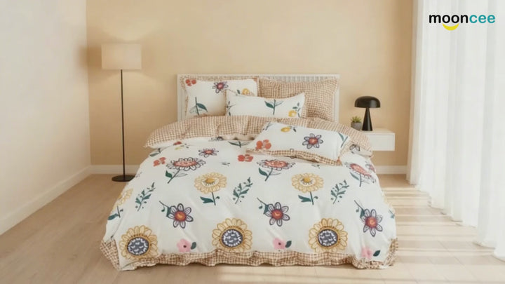 Floral Printed Cotton Bedsheet Set 6 PCs with Sunflower  Design - Cheerful Style (6TQ03)
