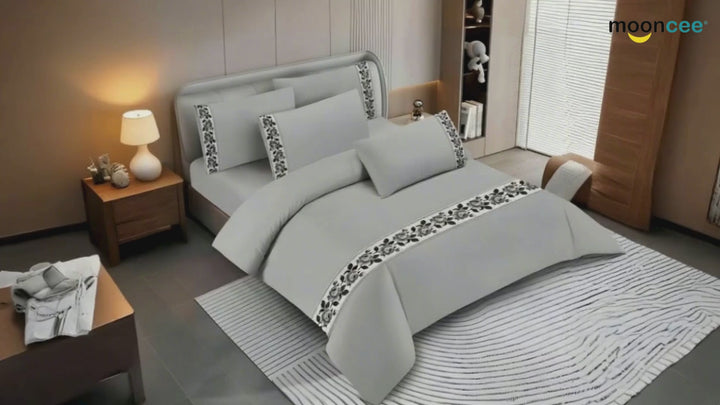 Border Design King Bed Bedding Set 6 PCs - Fitted Sheet, Duvet Cover & Pillowcases (White)