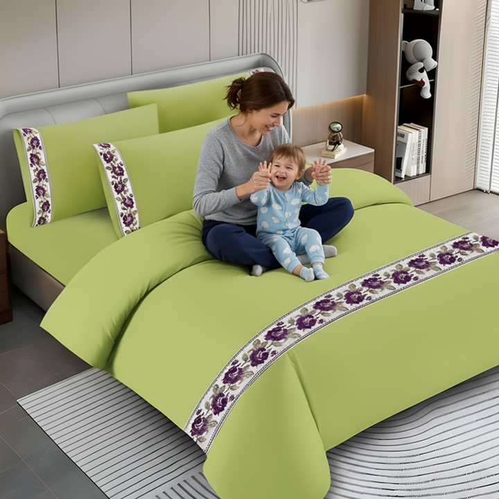 Pattern Border Best Bedding 6 PCs - King Size Sheets, Fitted Sheet & Pillowcases (Green)
