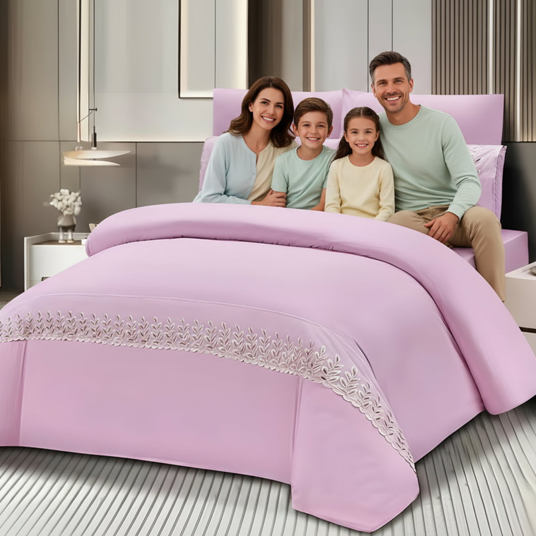 King Size Cotton Bedding Set – 6 PCs with Fitted Sheet, Duvet & Pillowcases (Lavender Pink)