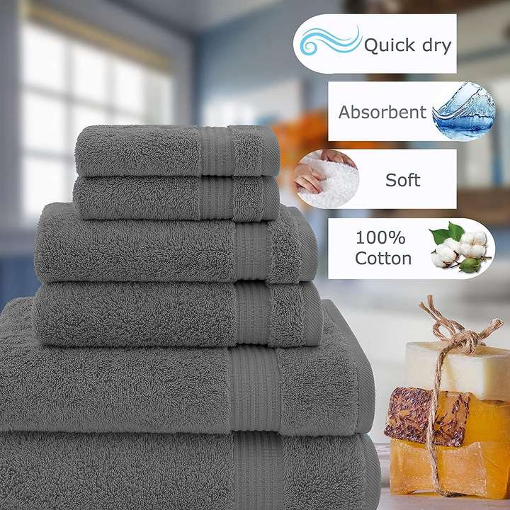 6 PCs Premium Towel Set, 2 Bath Towels, 2 Hand Towels , 2 Washcloths & Shower Towel