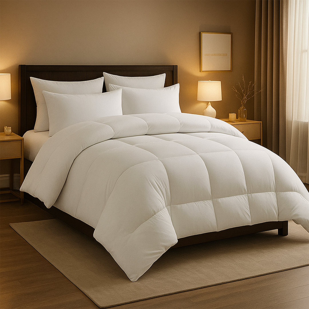 White  comforter layered on a bed with matching pillowscase