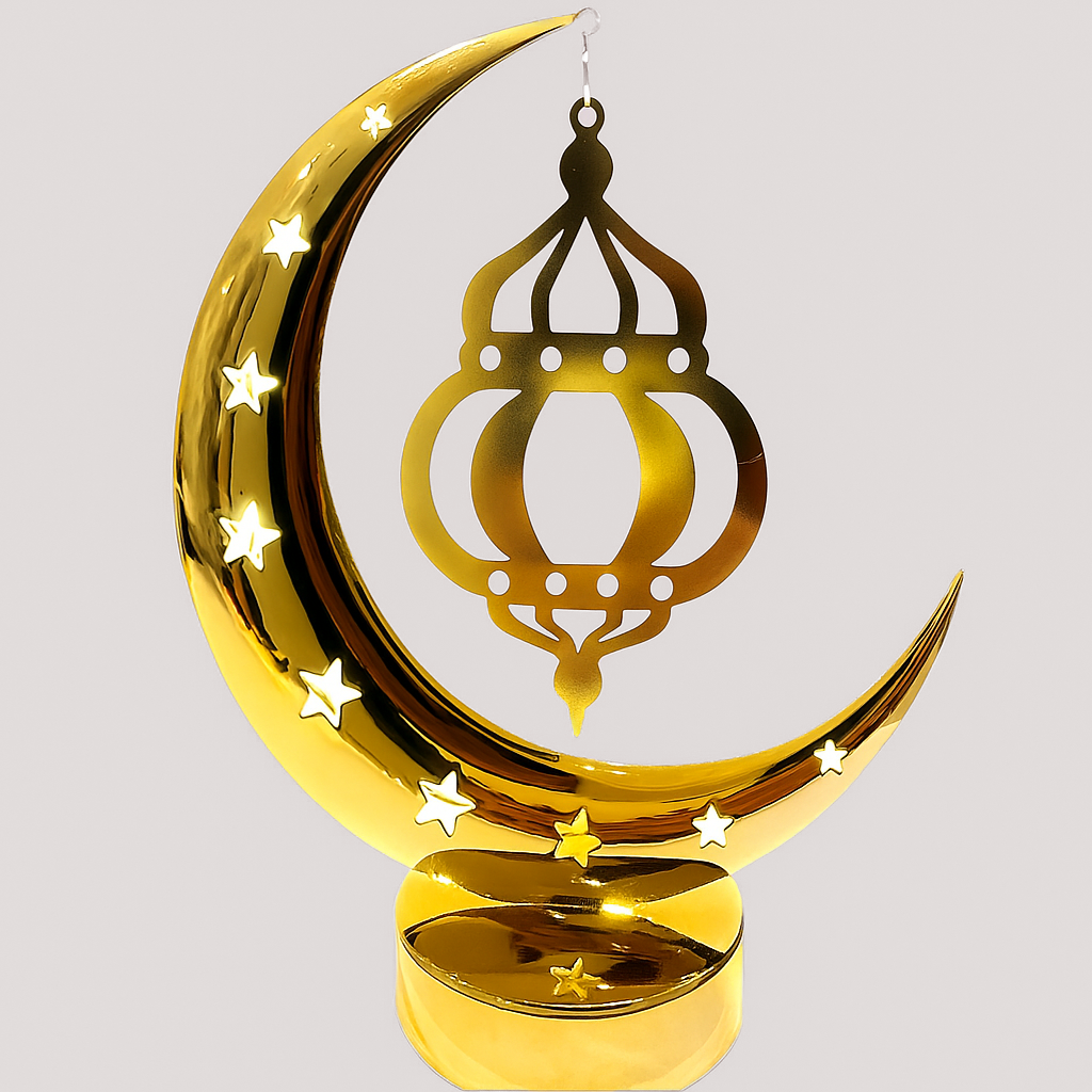 Gold crescent moon Ramadan decoration with hanging lantern