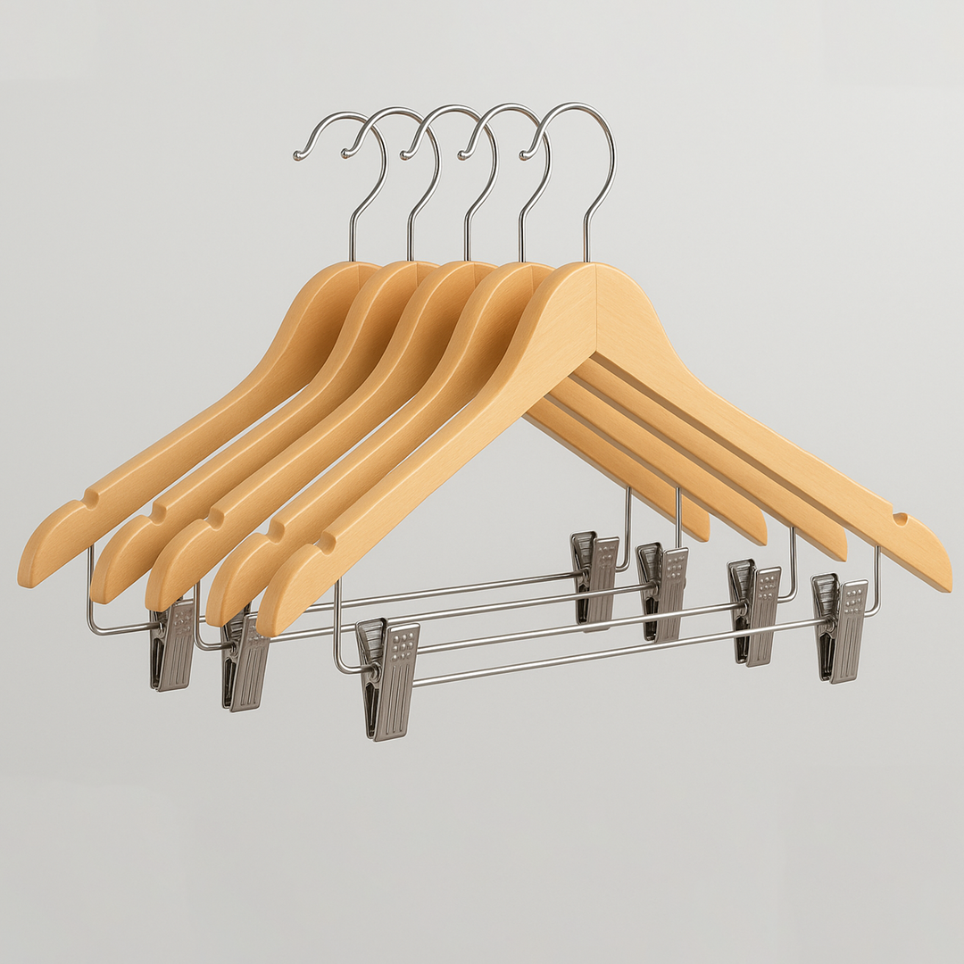 Wooden clothes hangers with metal hooks and trouser clips
